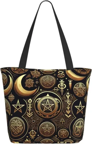 Augenstern Women Shoulder Bag Pentagrams-Moons-Mystical Foldable Tote Bag With Zipper Closure Casual Shopping Purse Daily Bag
