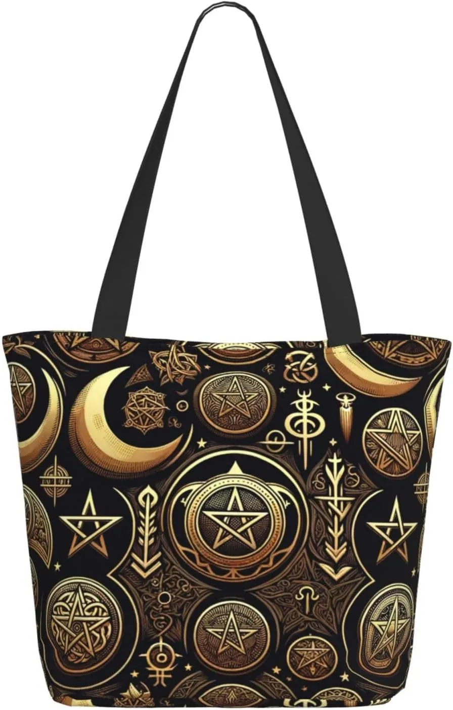 Augenstern Women Shoulder Bag Pentagrams-Moons-Mystical Foldable Tote Bag With Zipper Closure Casual Shopping Purse Daily Bag
