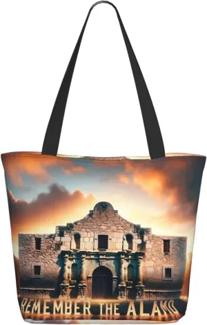 Augenstern Women Shoulder Bag Remember-The-Alamo-Texas Foldable Tote Bag With Zipper Closure Casual Shopping Purse Daily Bag