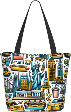 Augenstern Women Shoulder Bag Tourist-Travel-Usa-New-York Foldable Tote Bag With Zipper Closure Casual Shopping Purse Daily Bag