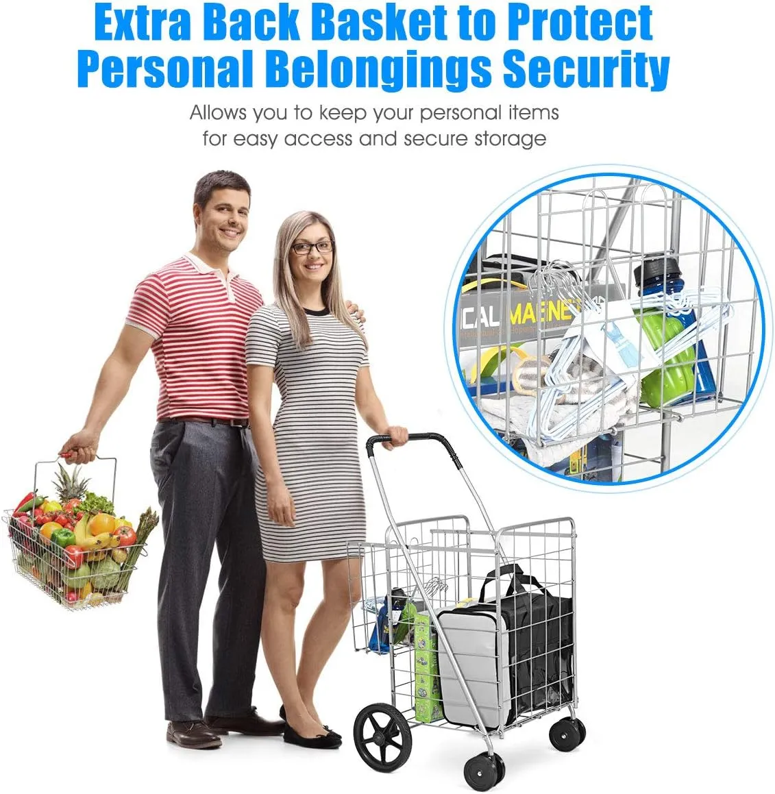 AUGESTER Grocery Utility Shopping Cart, Folding & Portable Shopping Cart with Double Basket and Swivel Wheels, Easily Collapsible & Heavy Duty Trolley for Grocery Laundry Book Luggage Travel (Silver)