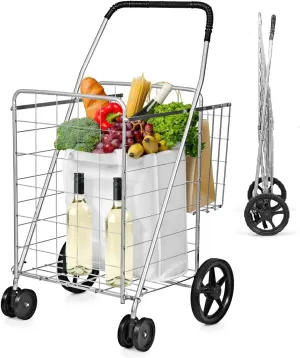 AUGESTER Grocery Utility Shopping Cart, Folding & Portable Shopping Cart with Double Basket and Swivel Wheels, Easily Collapsible & Heavy Duty Trolley for Grocery Laundry Book Luggage Travel (Silver)