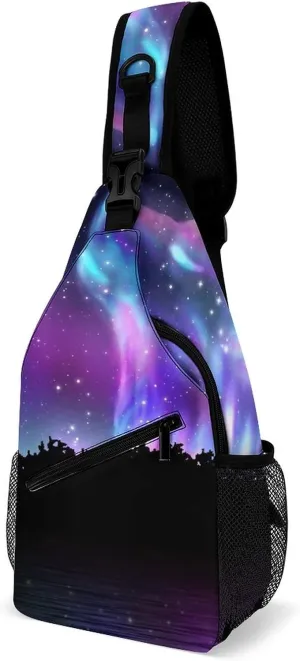 Aurora Boreali Wolf Sling Bag Crossbody for Women Men Lightweight Adjustable Extender Strap Landscape Galaxy Shoulder Backpack with Water Bottle Holder Casual Daypack for Hiking Travel