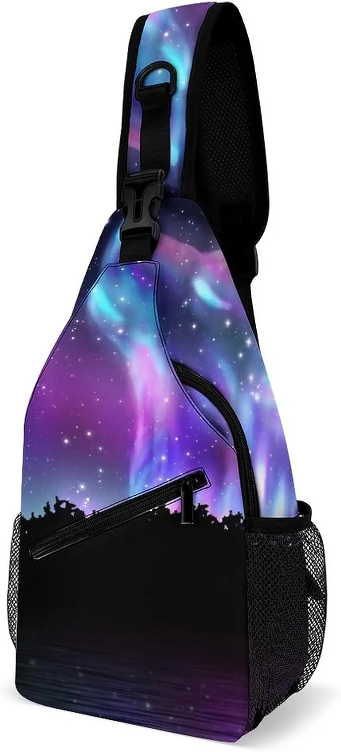 Aurora Boreali Wolf Sling Bag Crossbody for Women Men Lightweight Adjustable Extender Strap Landscape Galaxy Shoulder Backpack with Water Bottle Holder Casual Daypack for Hiking Travel