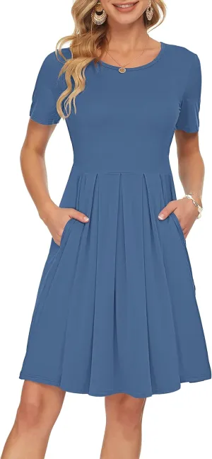 AUSELILY Women's Short Sleeve Summer Dress Pleated Loose Swing Knee Length Dresses with Pockets 2025 New