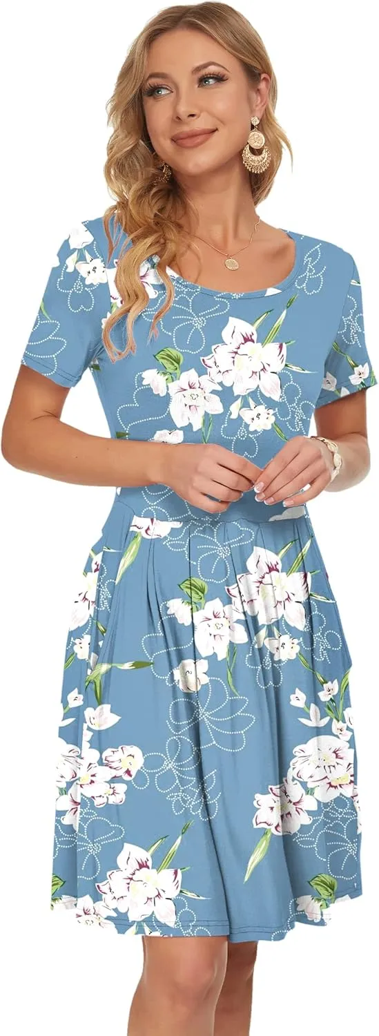 AUSELILY Women's Short Sleeve Summer Dress Pleated Loose Swing Knee Length Dresses with Pockets 2025 New