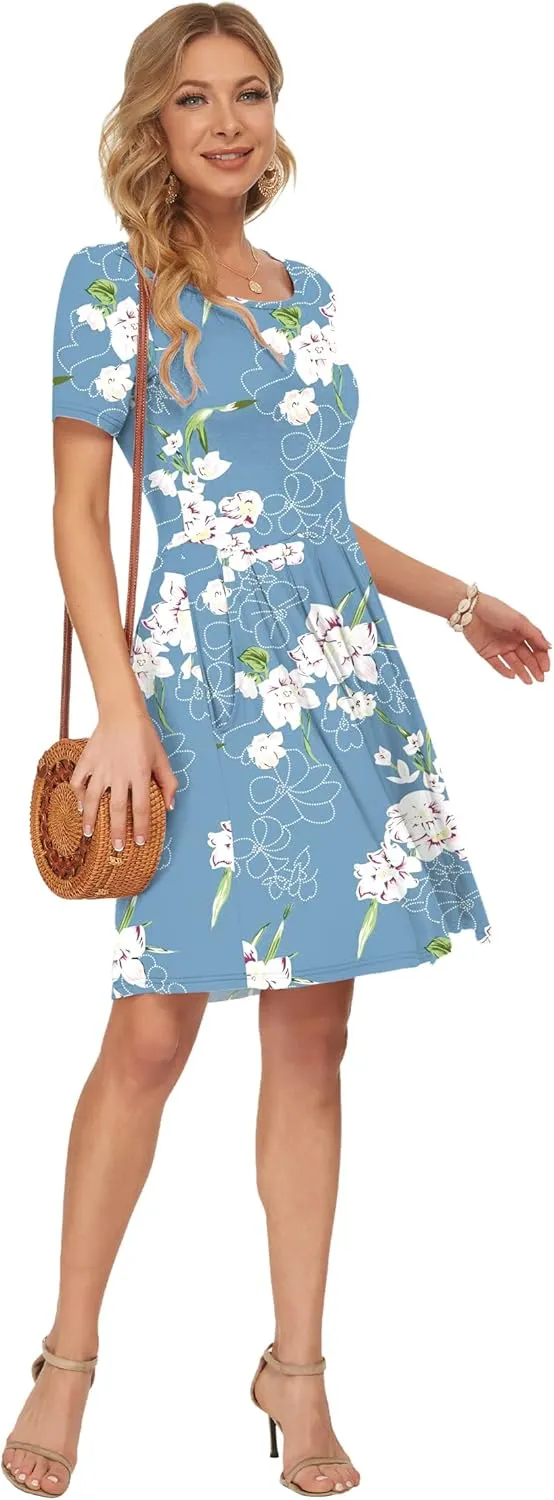 AUSELILY Women's Short Sleeve Summer Dress Pleated Loose Swing Knee Length Dresses with Pockets 2025 New
