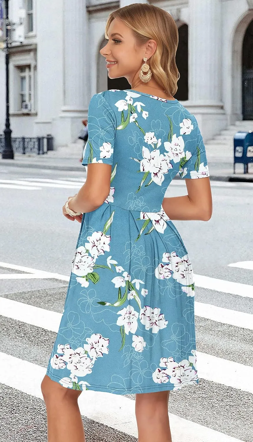 AUSELILY Women's Short Sleeve Summer Dress Pleated Loose Swing Knee Length Dresses with Pockets 2025 New