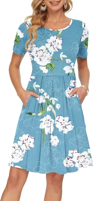AUSELILY Women's Short Sleeve Summer Dress Pleated Loose Swing Knee Length Dresses with Pockets 2025 New