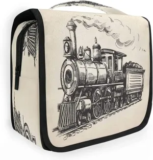 AUUXVA Retro Train Steam Locomotive Travel Makeup Bag Hanging Toiletry Pouch Organizer Portable Handbag Cosmetic Case Brush Holder for Women