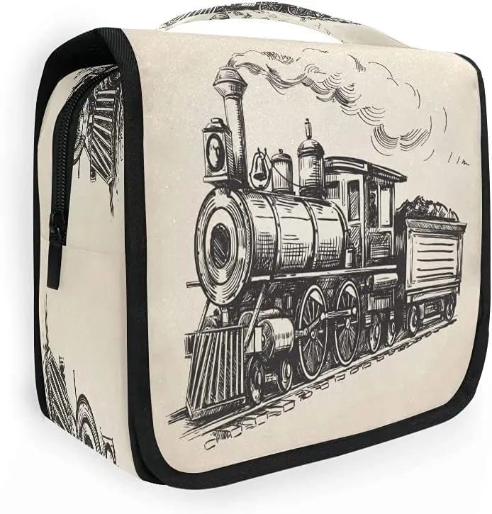 AUUXVA Retro Train Steam Locomotive Travel Makeup Bag Hanging Toiletry Pouch Organizer Portable Handbag Cosmetic Case Brush Holder for Women