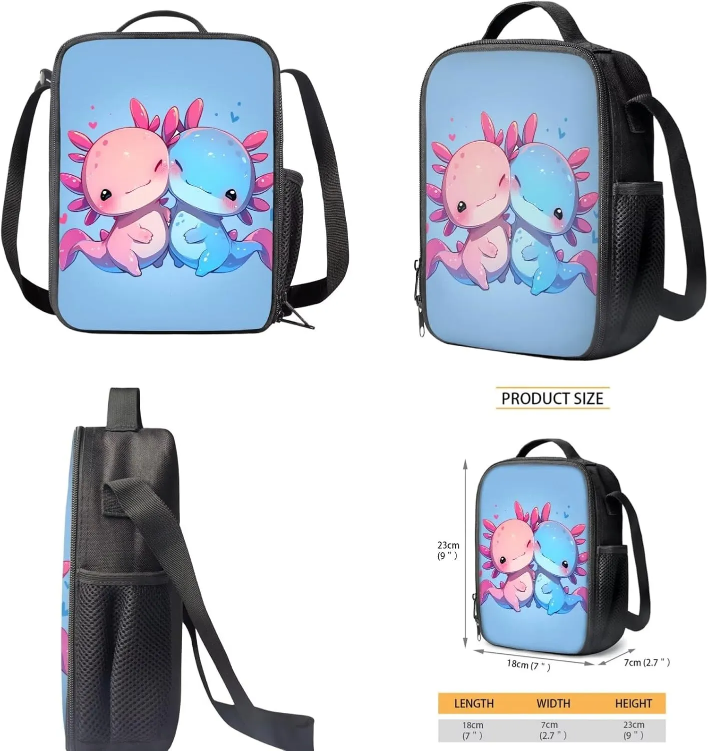 Axolotl Backpack for Girls 1st Grade with Lunch Box Set Elementary School Bookbag for Toddler Kids 4-6/6-8/8-12 and Lunch Bag Pencil Case 3 in 1 Book Bags Lunchbox Back Pack Teen Schoolbag