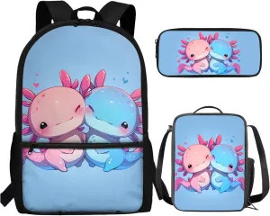 Axolotl Backpack for Girls 1st Grade with Lunch Box Set Elementary School Bookbag for Toddler Kids 4-6/6-8/8-12 and Lunch Bag Pencil Case 3 in 1 Book Bags Lunchbox Back Pack Teen Schoolbag