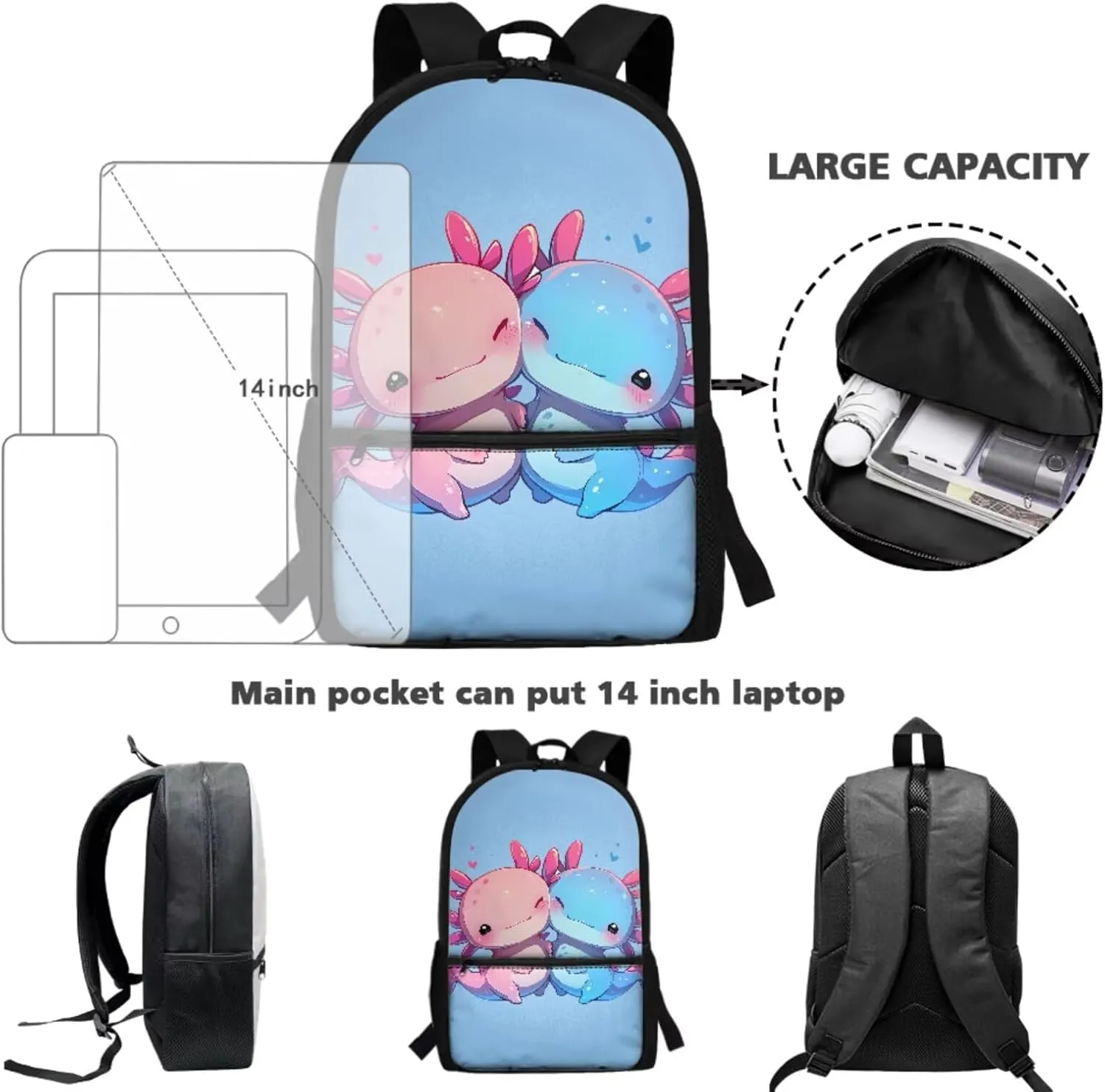 Axolotl Backpack for Girls 1st Grade with Lunch Box Set Elementary School Bookbag for Toddler Kids 4-6/6-8/8-12 and Lunch Bag Pencil Case 3 in 1 Book Bags Lunchbox Back Pack Teen Schoolbag