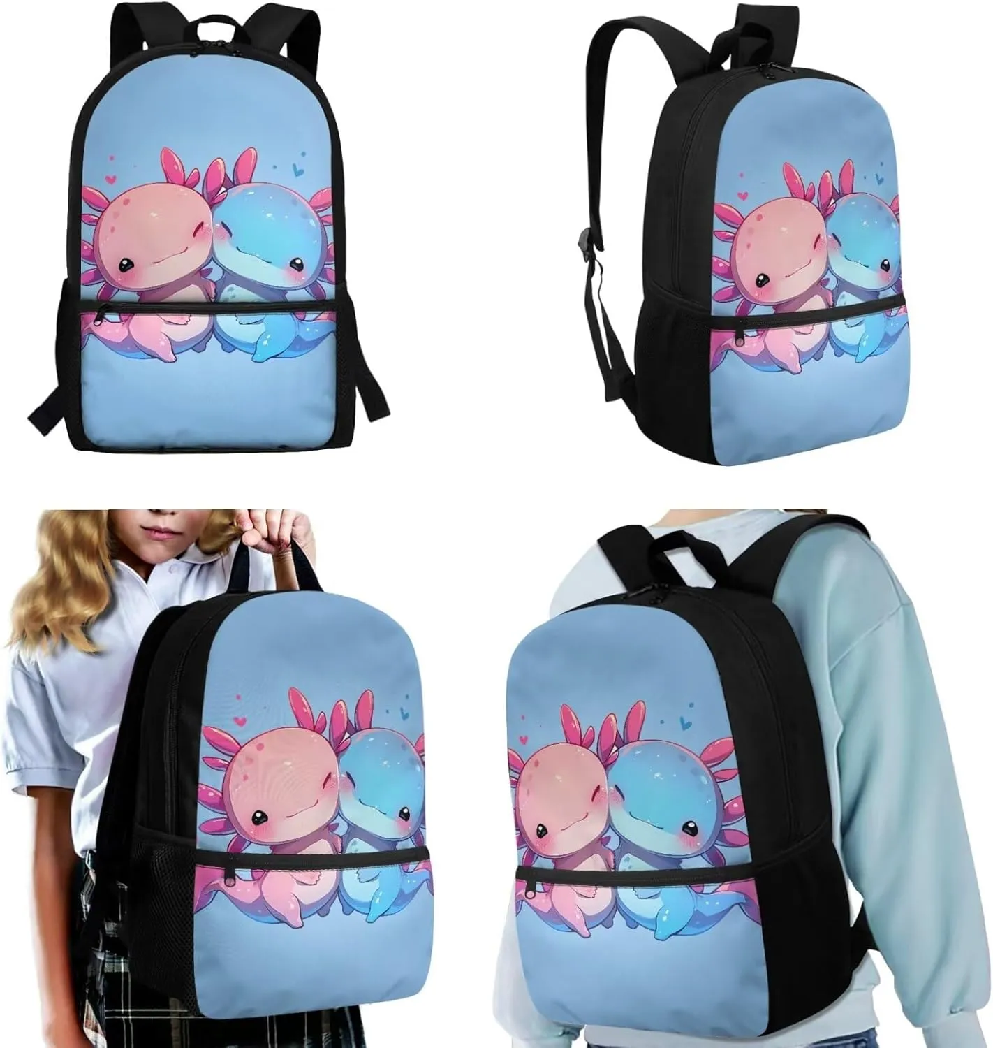 Axolotl Backpack for Girls 1st Grade with Lunch Box Set Elementary School Bookbag for Toddler Kids 4-6/6-8/8-12 and Lunch Bag Pencil Case 3 in 1 Book Bags Lunchbox Back Pack Teen Schoolbag