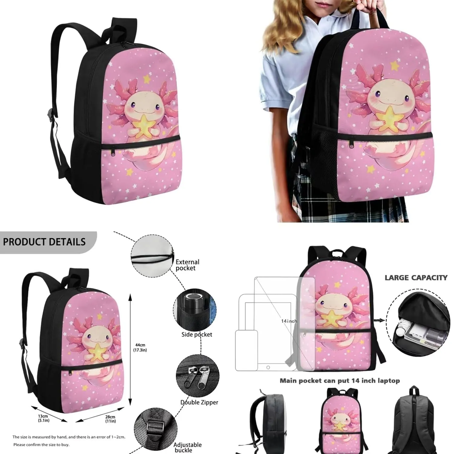 Axolotl Backpack for Girls Kids Backpack with Lunch Box Water Bottle Carrier and Cute Pencil Case 4PCS Set Bookbag with Front Pocket for School 17 inch Large School Bag for Elementary Girls