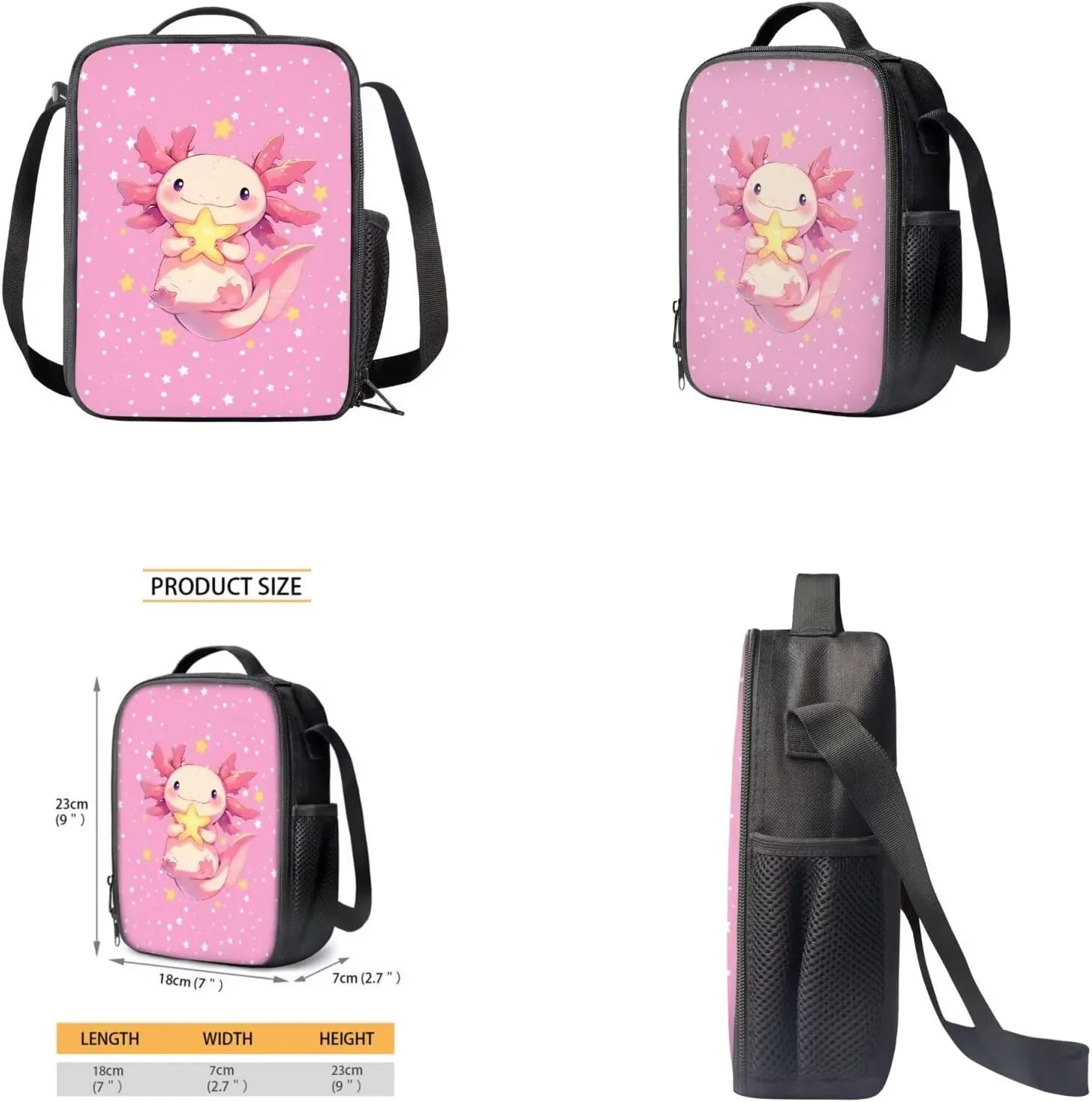 Axolotl Backpack for Girls Kids Backpack with Lunch Box Water Bottle Carrier and Cute Pencil Case 4PCS Set Bookbag with Front Pocket for School 17 inch Large School Bag for Elementary Girls