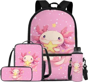 Axolotl Backpack for Girls Kids Backpack with Lunch Box Water Bottle Carrier and Cute Pencil Case 4PCS Set Bookbag with Front Pocket for School 17 inch Large School Bag for Elementary Girls