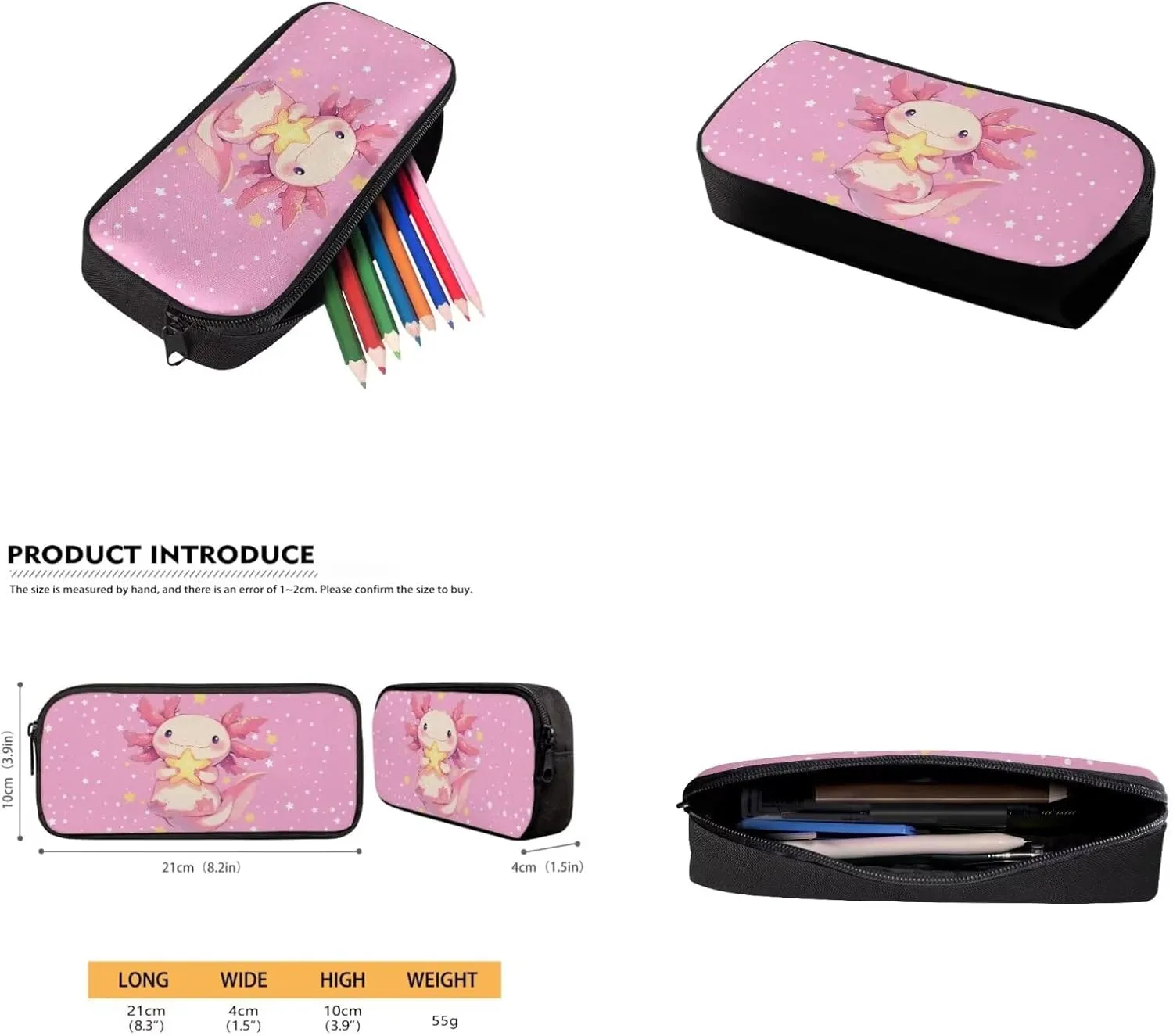Axolotl Backpack for Girls Kids Backpack with Lunch Box Water Bottle Carrier and Cute Pencil Case 4PCS Set Bookbag with Front Pocket for School 17 inch Large School Bag for Elementary Girls