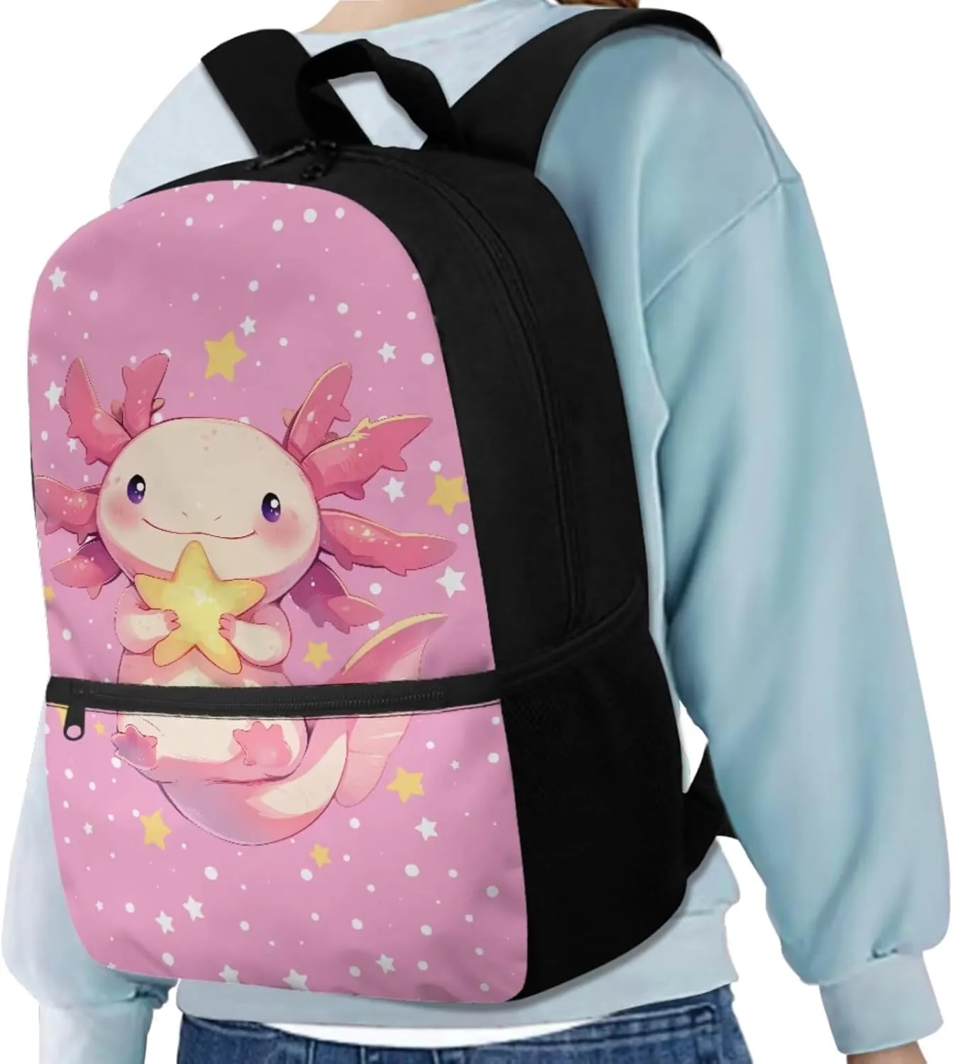 Axolotl Backpack for Girls Kids Backpack with Lunch Box Water Bottle Carrier and Cute Pencil Case 4PCS Set Bookbag with Front Pocket for School 17 inch Large School Bag for Elementary Girls