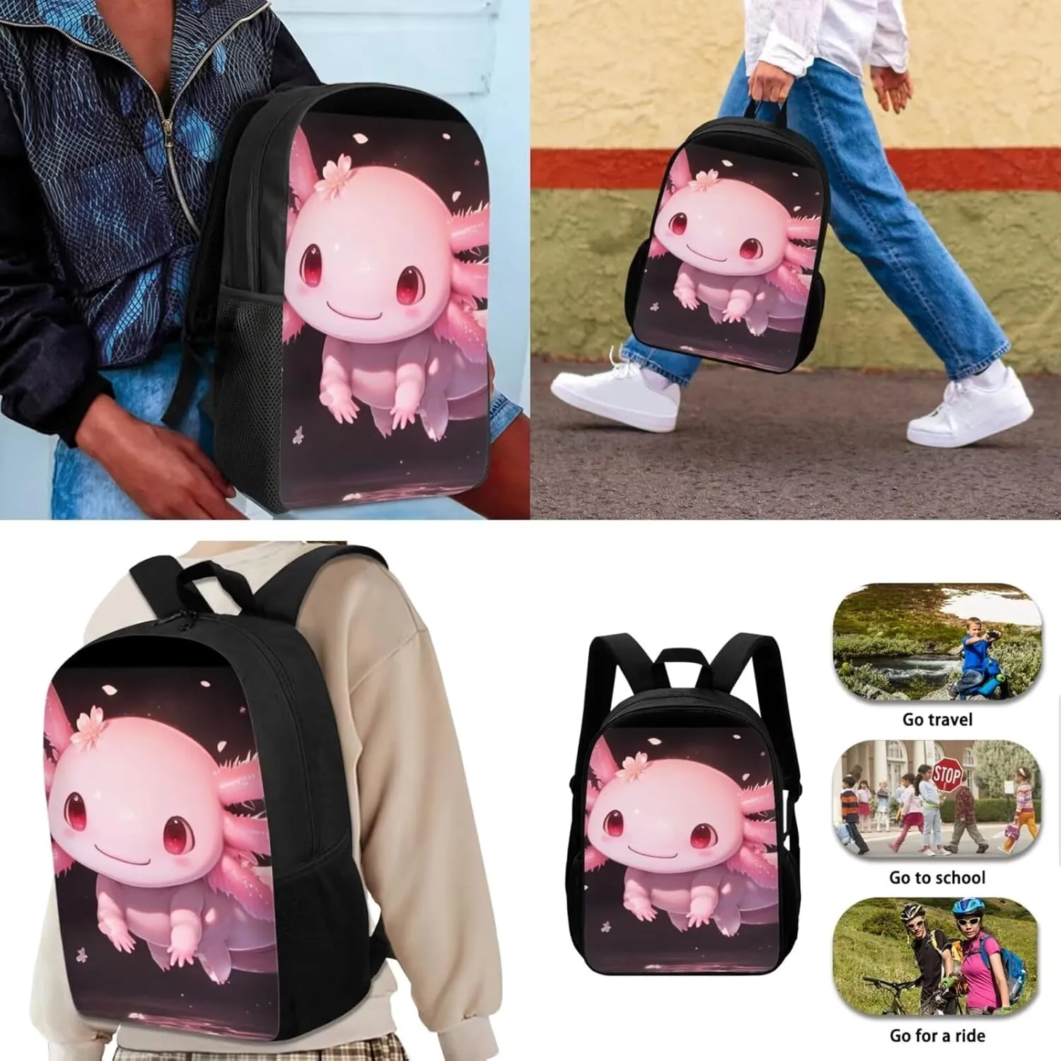 Axolotl Backpack for Girls School Bag with Lunch Bag Pencil Case Water Bottle Holder Kids Middle Elementary Bookbags Back to School Gifts Set 4 in 1