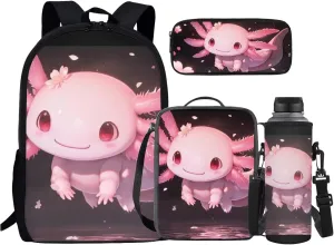 Axolotl Backpack for Girls School Bag with Lunch Bag Pencil Case Water Bottle Holder Kids Middle Elementary Bookbags Back to School Gifts Set 4 in 1