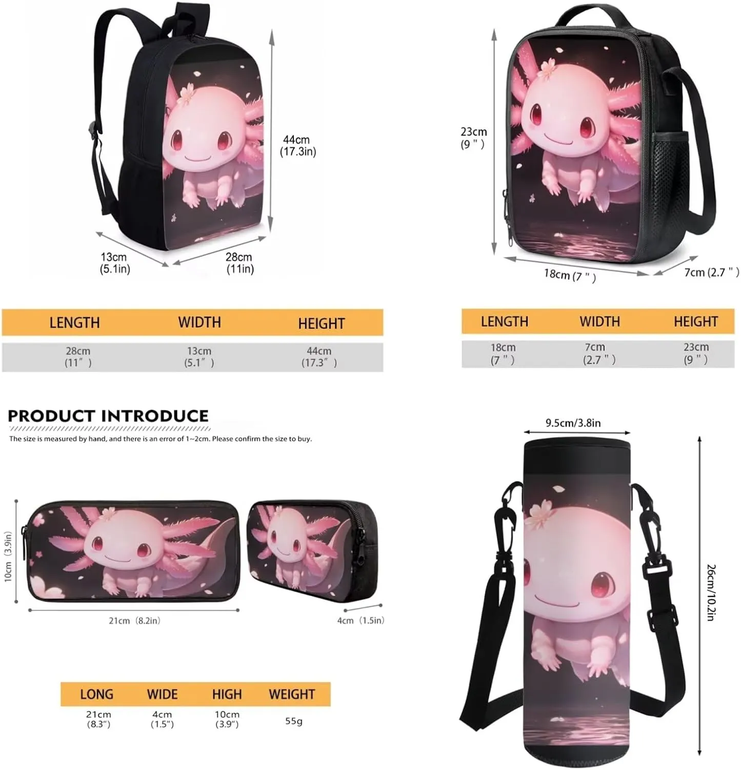 Axolotl Backpack for Girls School Bag with Lunch Bag Pencil Case Water Bottle Holder Kids Middle Elementary Bookbags Back to School Gifts Set 4 in 1
