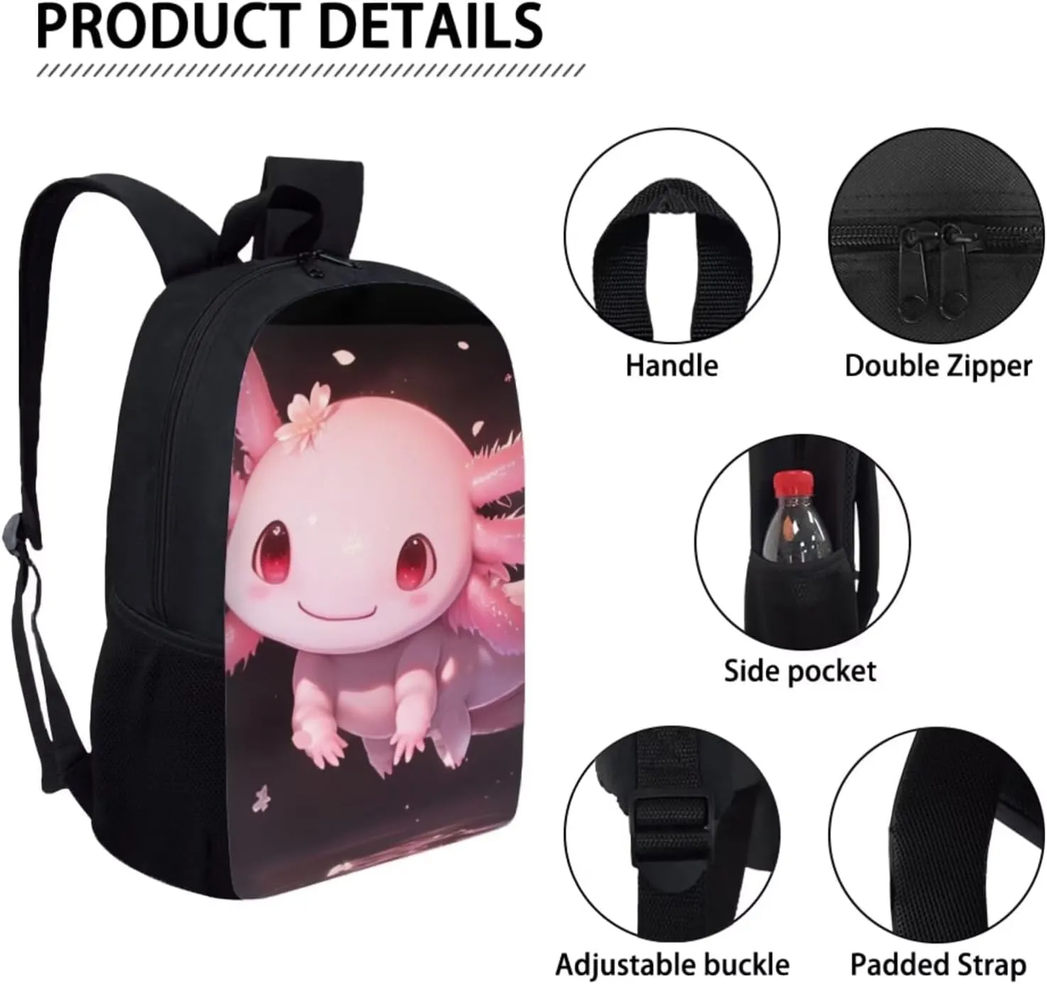 Axolotl Backpack for Girls School Bag with Lunch Bag Pencil Case Water Bottle Holder Kids Middle Elementary Bookbags Back to School Gifts Set 4 in 1