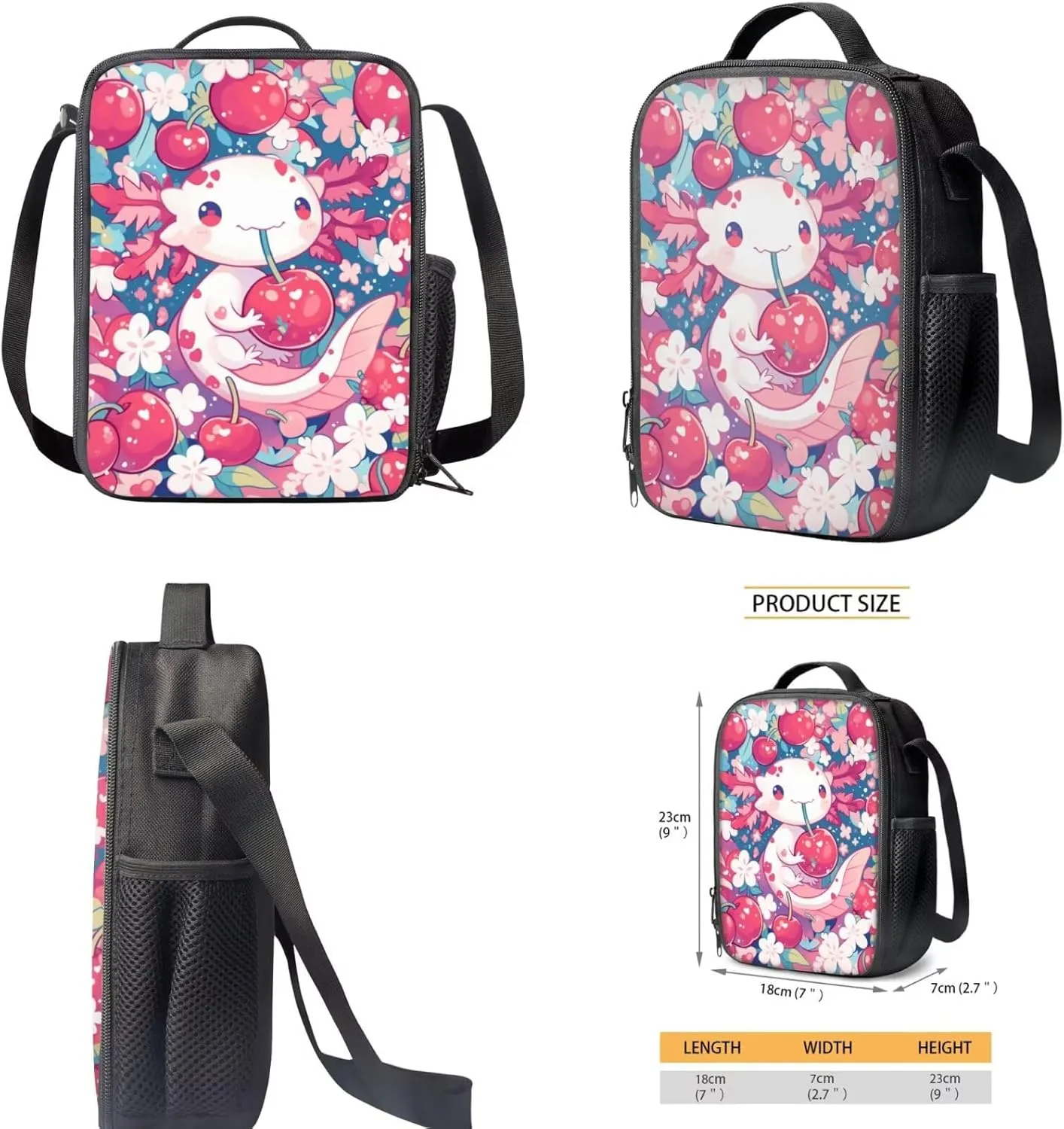Axolotl Backpack for School Girls 3rd Grade Preppy Cherry Bookbag with Lunch Box Set Preschool Student Back to School Book Bags Lunchbox Pencil Case Schoolbag for Toddler Kids 4-6/5-6/3-4