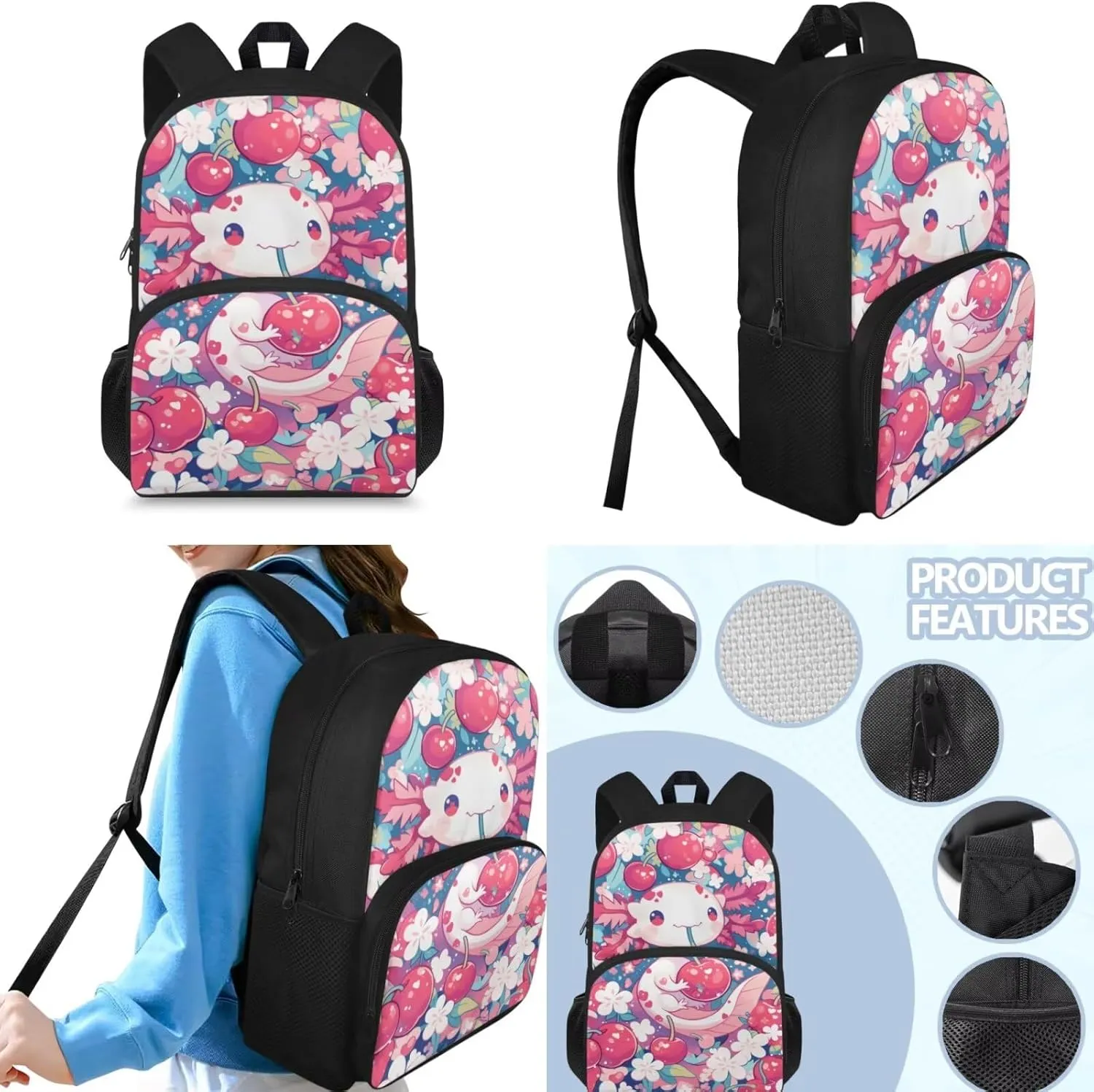 Axolotl Backpack for School Girls 3rd Grade Preppy Cherry Bookbag with Lunch Box Set Preschool Student Back to School Book Bags Lunchbox Pencil Case Schoolbag for Toddler Kids 4-6/5-6/3-4