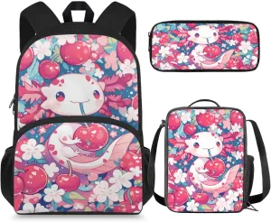Axolotl Backpack for School Girls 3rd Grade Preppy Cherry Bookbag with Lunch Box Set Preschool Student Back to School Book Bags Lunchbox Pencil Case Schoolbag for Toddler Kids 4-6/5-6/3-4