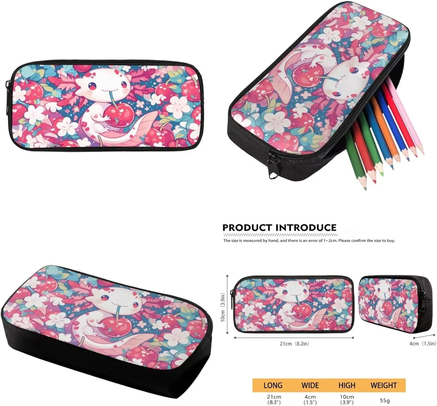 Axolotl Backpack for School Girls 3rd Grade Preppy Cherry Bookbag with Lunch Box Set Preschool Student Back to School Book Bags Lunchbox Pencil Case Schoolbag for Toddler Kids 4-6/5-6/3-4