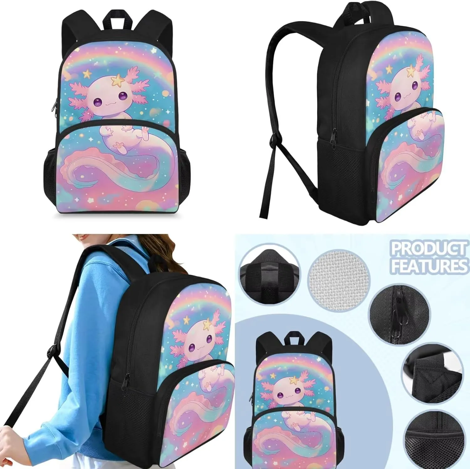 Axolotl Backpack Lunchbox Set for Girls 4-6/5-6/3-4 Galaxy Space Kids Preschool Bookbag with Lunch Box Pencil Case Rainbow Back to School Kindergarten Book Bags Lunch Bag 15in Schoolbag