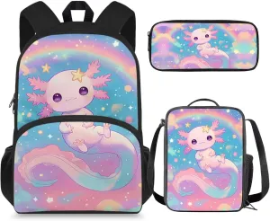 Axolotl Backpack Lunchbox Set for Girls 4-6/5-6/3-4 Galaxy Space Kids Preschool Bookbag with Lunch Box Pencil Case Rainbow Back to School Kindergarten Book Bags Lunch Bag 15in Schoolbag