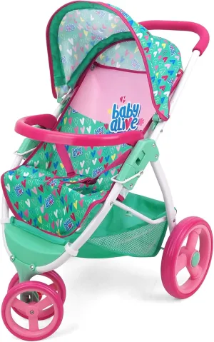 Baby Alive: Doll Jogging Stroller - Green, Pink, Hearts - Accessory for Dolls Up to 24", Foldable Design, Retractable Canopy, Storage, Kids Toy Age 3 