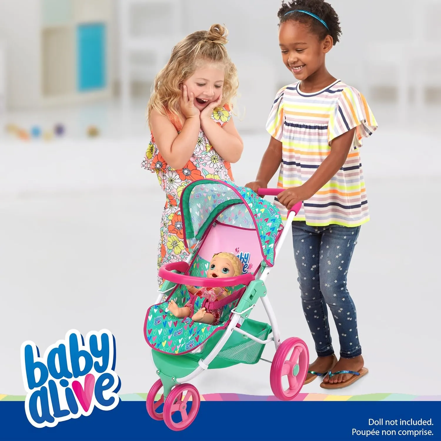 Baby Alive: Doll Jogging Stroller - Green, Pink, Hearts - Accessory for Dolls Up to 24", Foldable Design, Retractable Canopy, Storage, Kids Toy Age 3 
