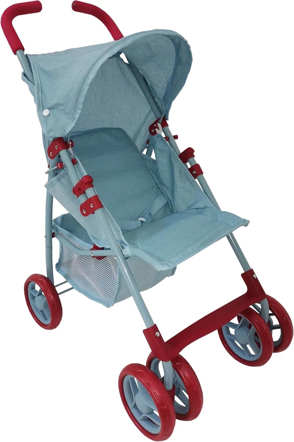 Baby Doll Stroller for Toddler Girls & Big Kids 6-8 Years Old | 28” Baby Stroller for Dolls, Toy Baby Stroller with Cute Ligh Denim Fabric, Mesh Storage Basket, Canopy, Handle Grips, Swivel Wheels
