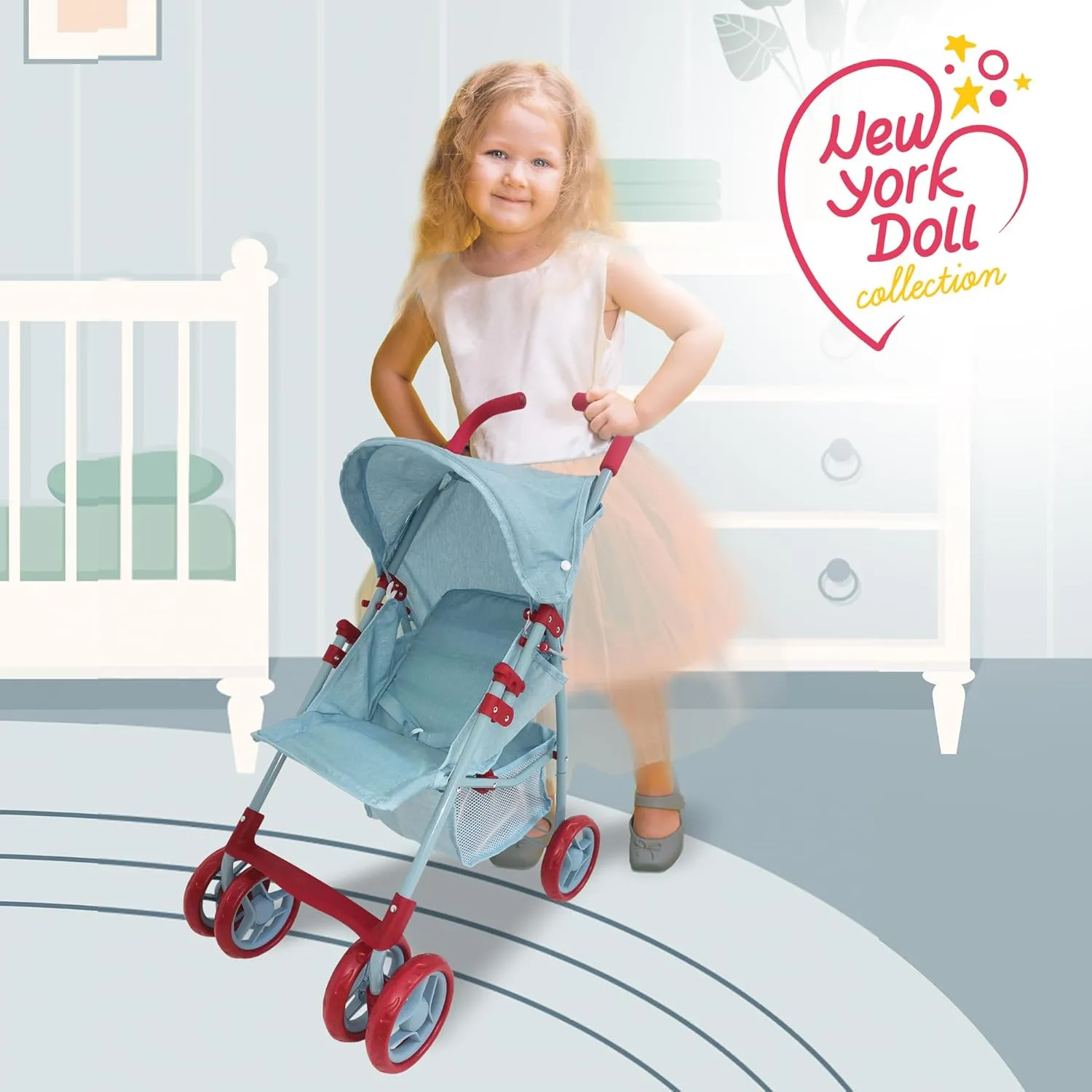 Baby Doll Stroller for Toddler Girls & Big Kids 6-8 Years Old | 28” Baby Stroller for Dolls, Toy Baby Stroller with Cute Ligh Denim Fabric, Mesh Storage Basket, Canopy, Handle Grips, Swivel Wheels