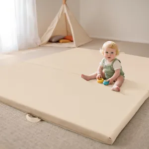 Baby Play Mats,Vegan Leather 3.5 Inch Extra Thick Foam Play Mat for Kids for Playpen,Wipe-Clean Waterproof Baby Mat for Floor,Travel Foldable with Storage Bag,Crawling Mats for Toddlers&Infants,Beige
