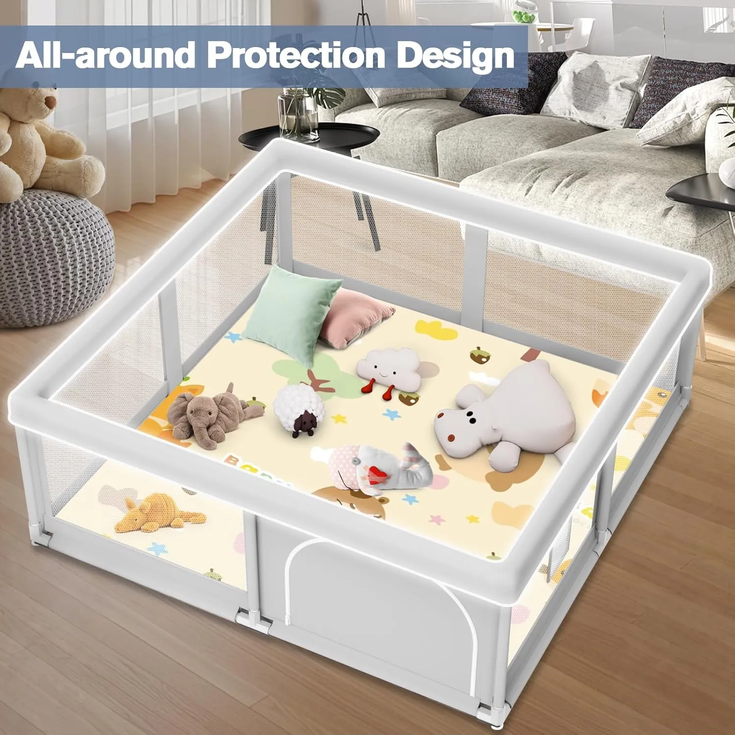 Baby Playpen with Mat, 50 x 50 inch, PlayPen for Babies and Toddlers, Play Yards Indoor & Outdoor, Sturdy Safety Play Pen with Soft Breathable Mesh, Baby Fence