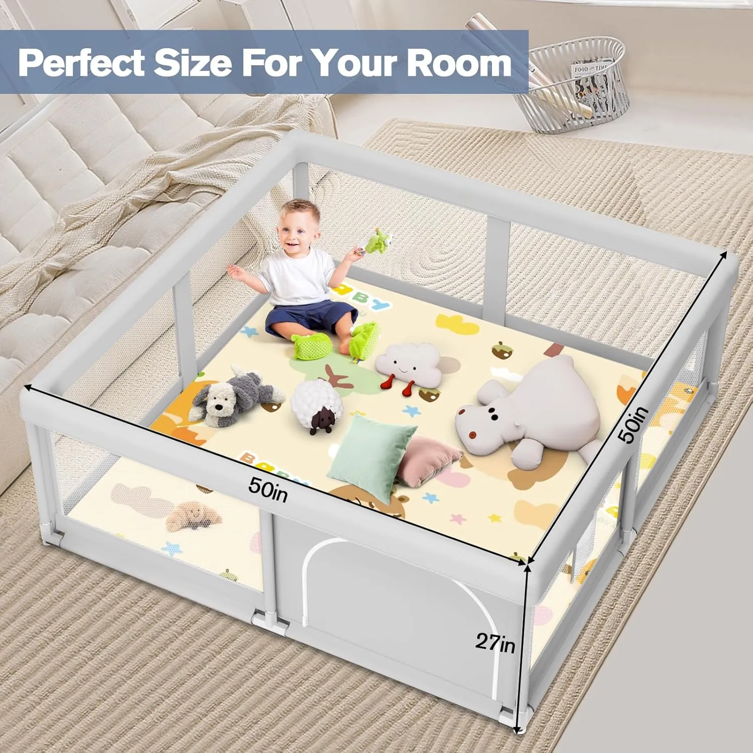 Baby Playpen with Mat, 50 x 50 inch, PlayPen for Babies and Toddlers, Play Yards Indoor & Outdoor, Sturdy Safety Play Pen with Soft Breathable Mesh, Baby Fence