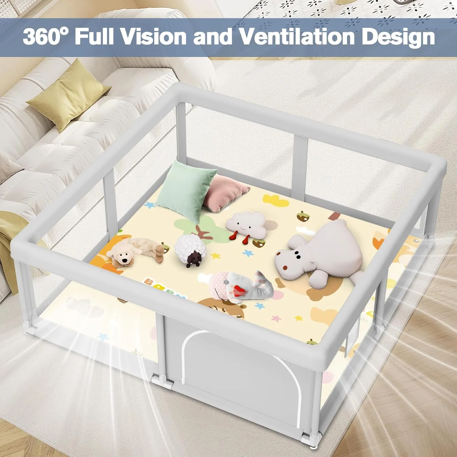 Baby Playpen with Mat, 50 x 50 inch, PlayPen for Babies and Toddlers, Play Yards Indoor & Outdoor, Sturdy Safety Play Pen with Soft Breathable Mesh, Baby Fence