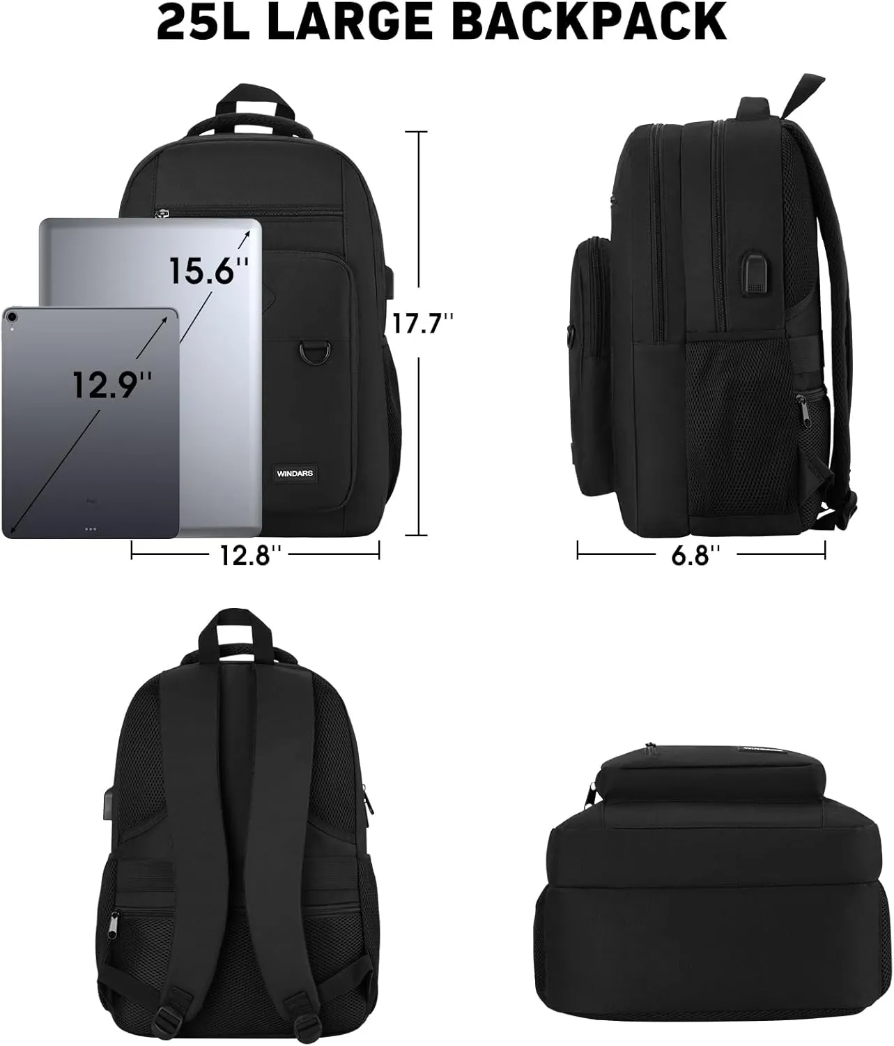 Backpack for Men and Women, Casual School Backpack Teen Boys and Girls Lightweight 15.6 Inch Laptop Bookbag with USB Charger for College Work Travel (Black)