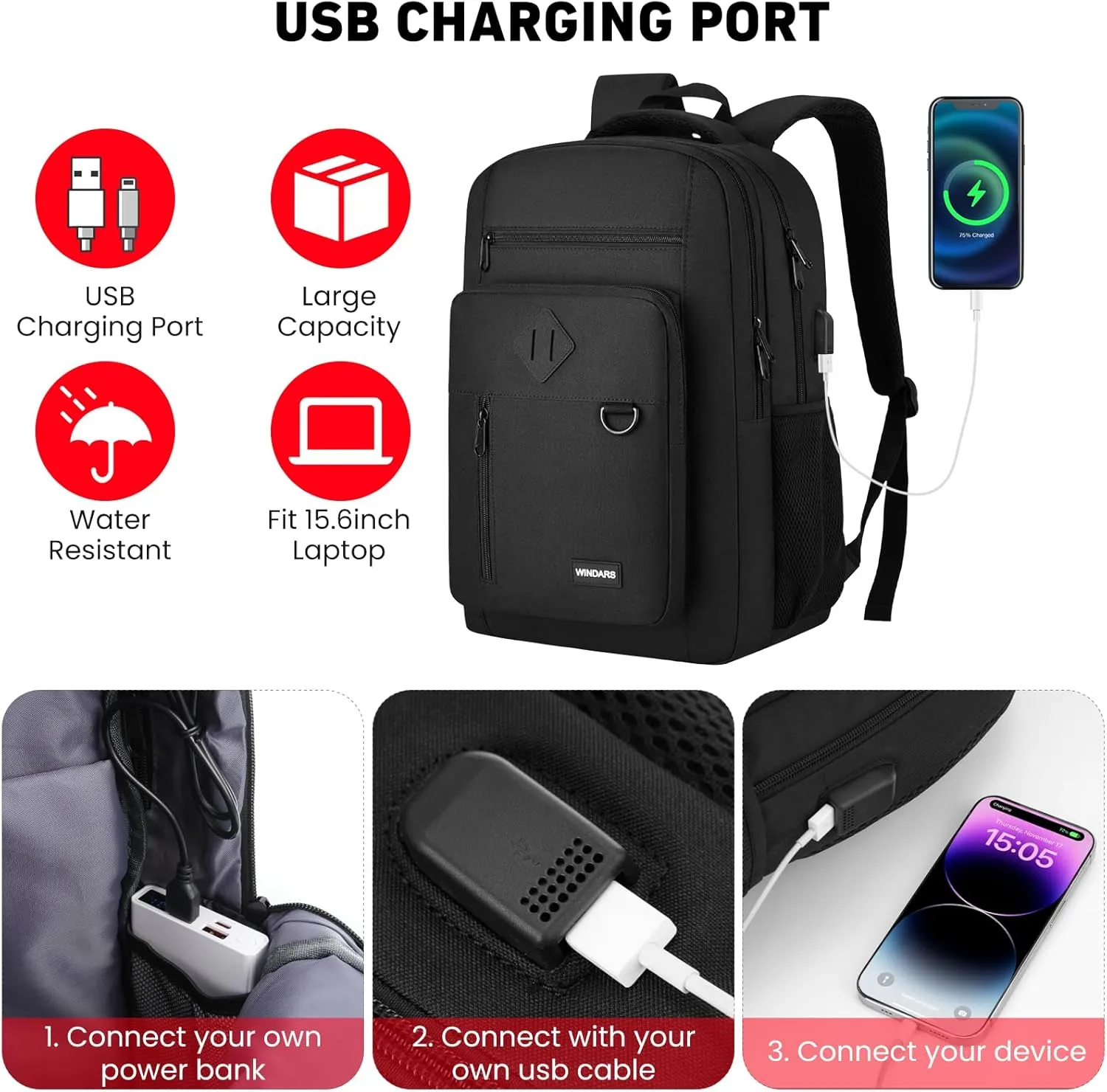 Backpack for Men and Women, Casual School Backpack Teen Boys and Girls Lightweight 15.6 Inch Laptop Bookbag with USB Charger for College Work Travel (Black)