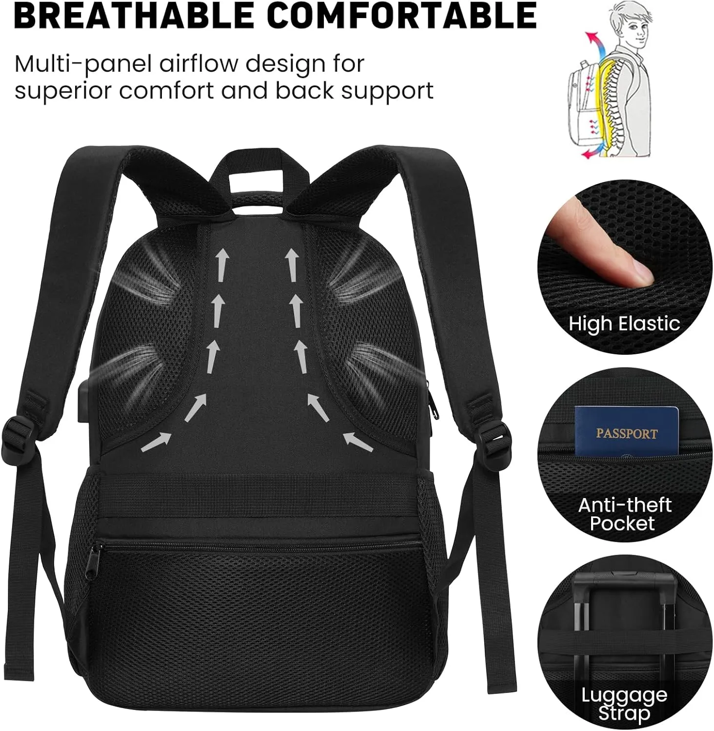 Backpack for Men and Women, Casual School Backpack Teen Boys and Girls Lightweight 15.6 Inch Laptop Bookbag with USB Charger for College Work Travel (Black)
