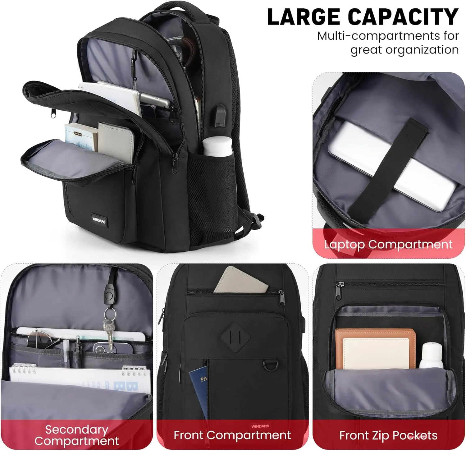 Backpack for Men and Women, Casual School Backpack Teen Boys and Girls Lightweight 15.6 Inch Laptop Bookbag with USB Charger for College Work Travel (Black)