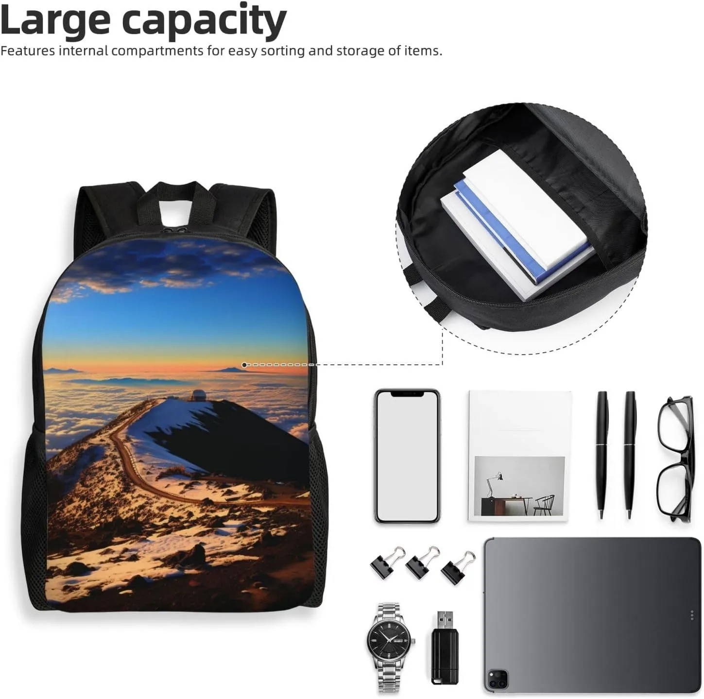 Backpack Mauna Kea Summit Sunset Travel Casual Laptop Backpack Waterproof Hiking Daypack For Men Women
