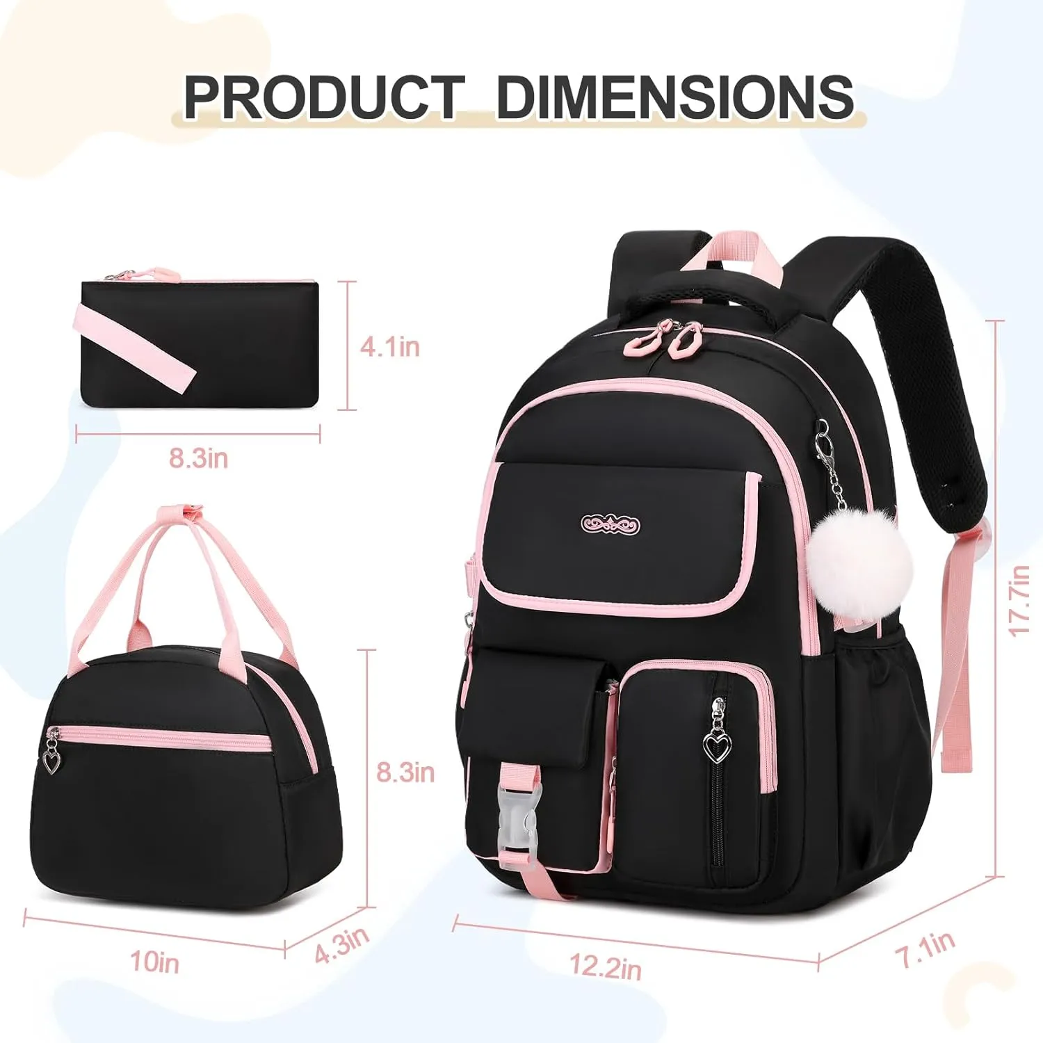 Backpacks for Girls, 3PCS School Backpack with Lunch Box Pencil Pouch for Teen Girls Kids Elementary Primary Middle High College School Bookbag Set （Black-Pink）