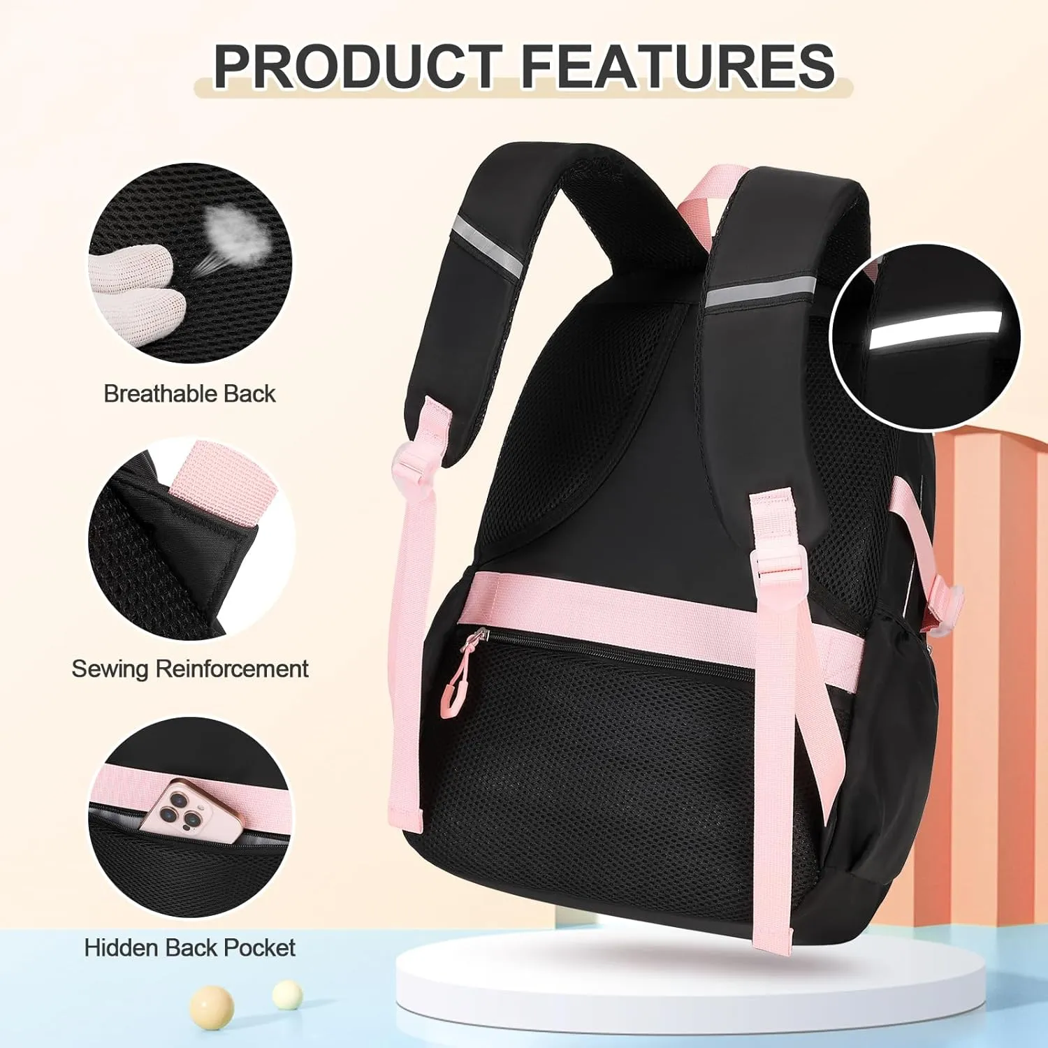 Backpacks for Girls, 3PCS School Backpack with Lunch Box Pencil Pouch for Teen Girls Kids Elementary Primary Middle High College School Bookbag Set （Black-Pink）
