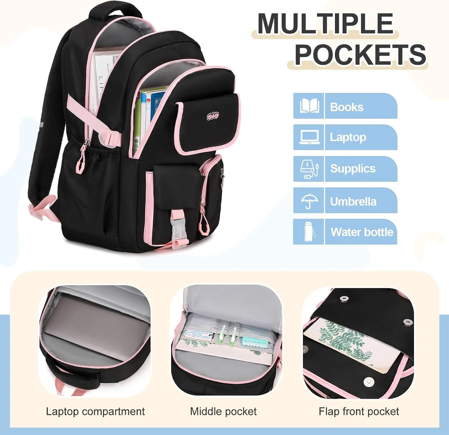 Backpacks for Girls, 3PCS School Backpack with Lunch Box Pencil Pouch for Teen Girls Kids Elementary Primary Middle High College School Bookbag Set （Black-Pink）